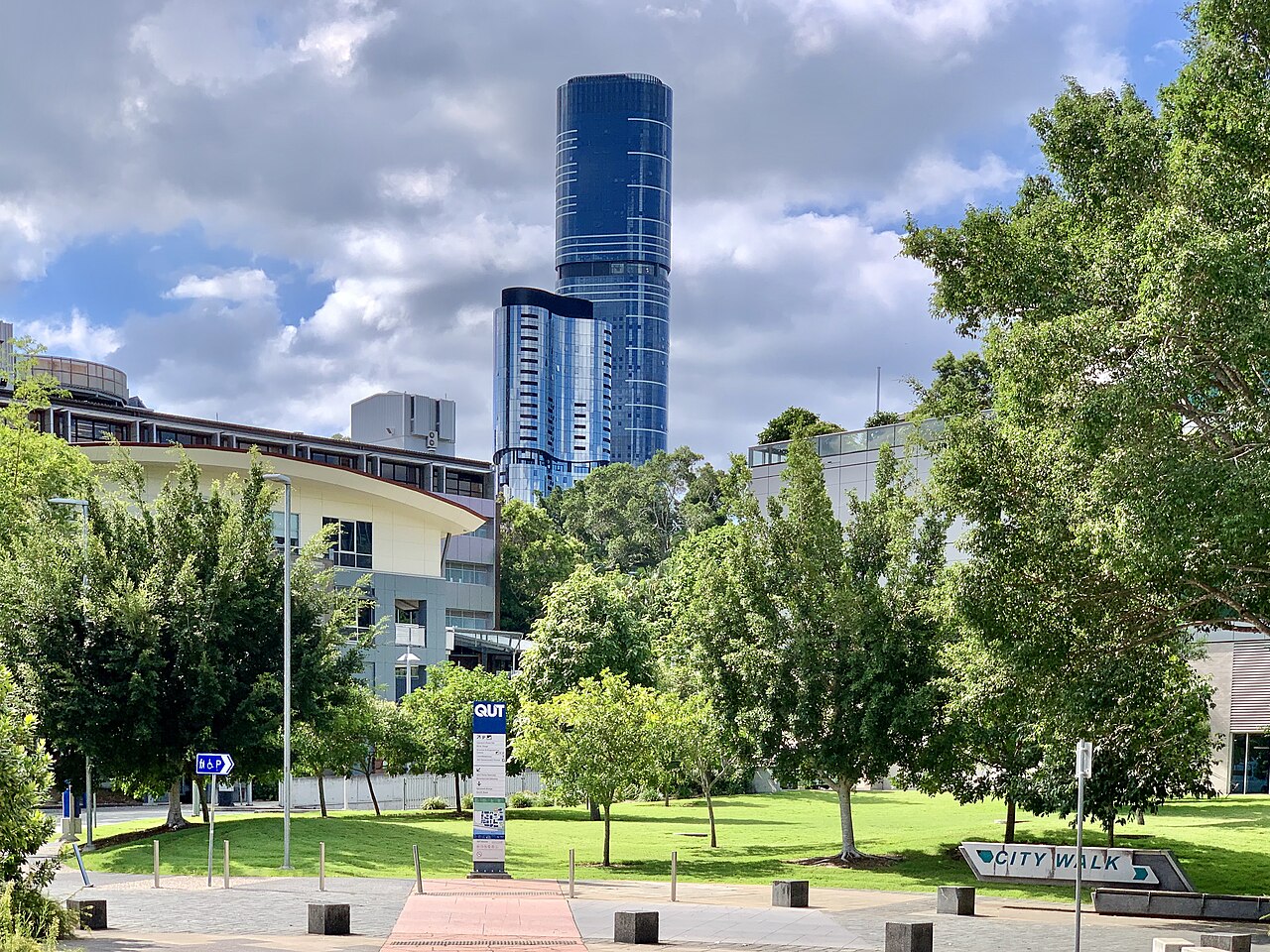 A Brisbane skyline seen from a university campus